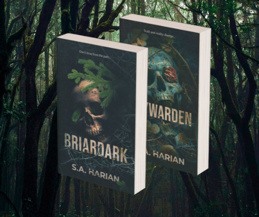 Paperbacks of Briardark and Waywarden by S.A. Harian and a forest background
