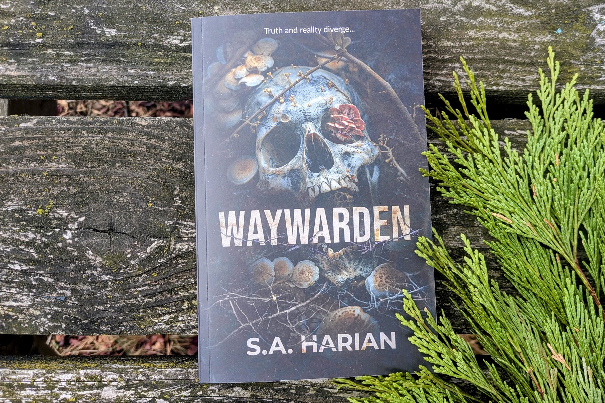 Book titled 'Waywarden' by S.A. Harian with a skull and floral design on a wooden surface.