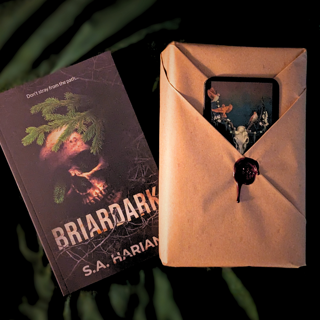 Book titled 'Briardark' by S.A. Harian next to a wrapped gift with a dark theme.